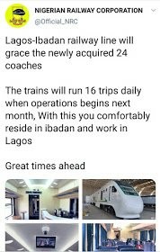 Lagos-Ibadan Railway Line Begins Operations Next Month