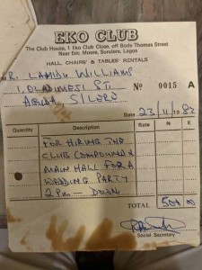 Did you know it cost N500 to rent hall for weddings at Eko Club in 1982; Checkout Receipt