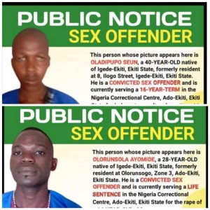 Two convicted rapists listed in Ekiti sex offenders’ register by the Ministry of Justice